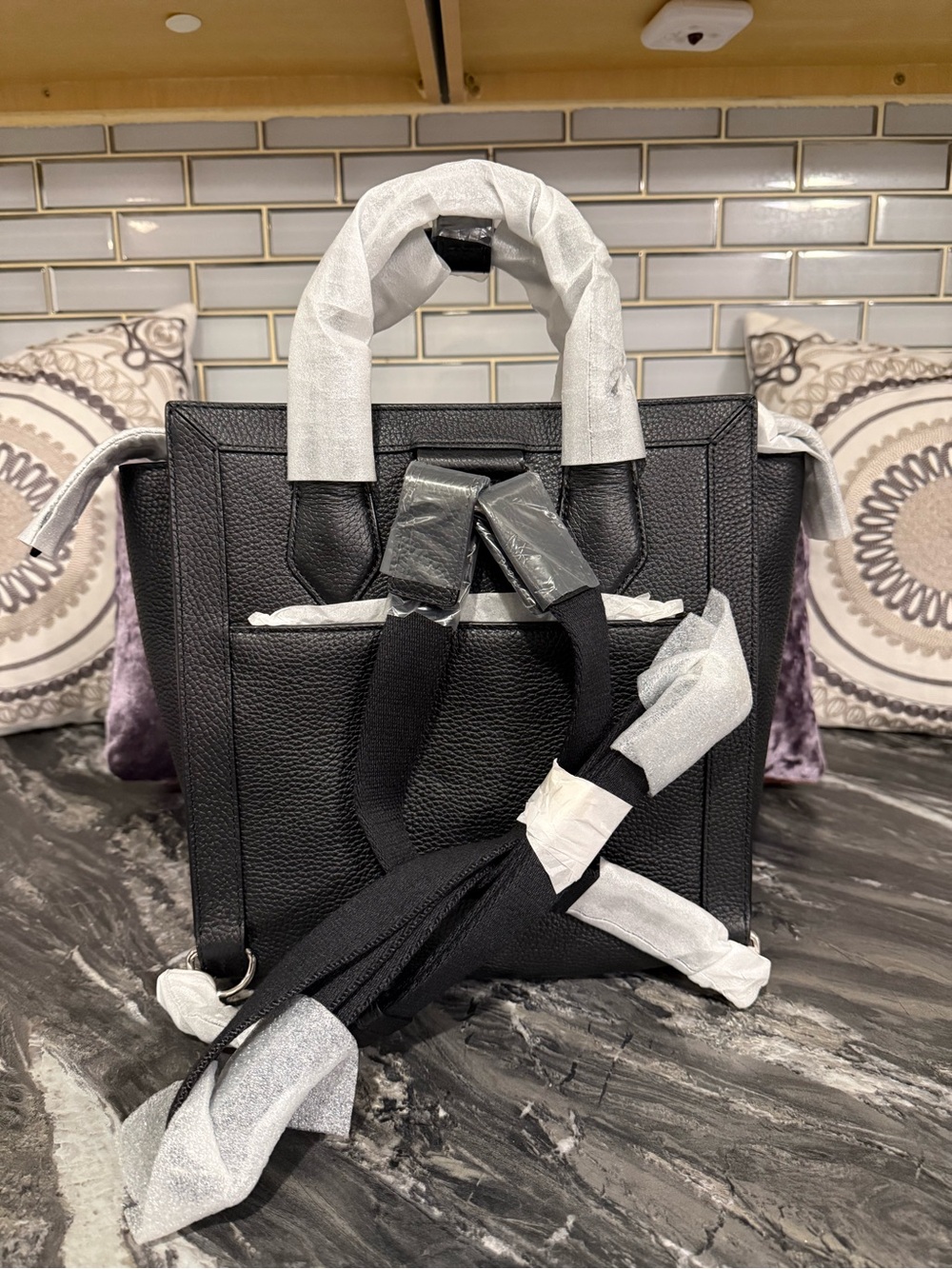 HENRI BENDEL RIVINGTON Black Leather Convertible Backpack Tote, Silver Hardware - Picture 3 of 4